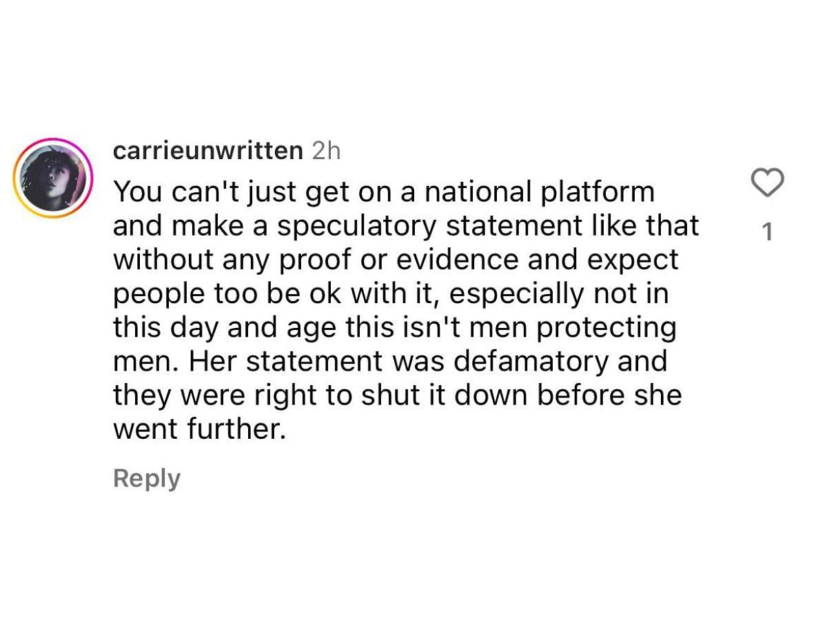 Others find her claims defamatory (image via @carrieunwritten on Instagram)